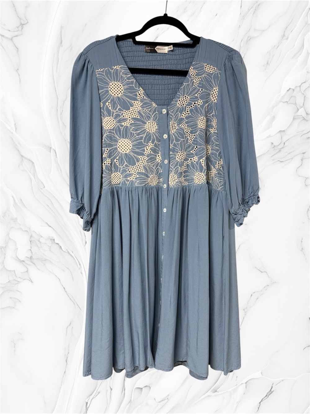 Piper & Scoot pastel Blue short dress white daisy lace detail button-down